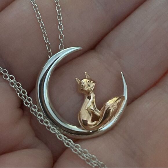 Fox and Crescent Moon Sterling Silver and Rose Gold Necklace - Picture 4 of 4